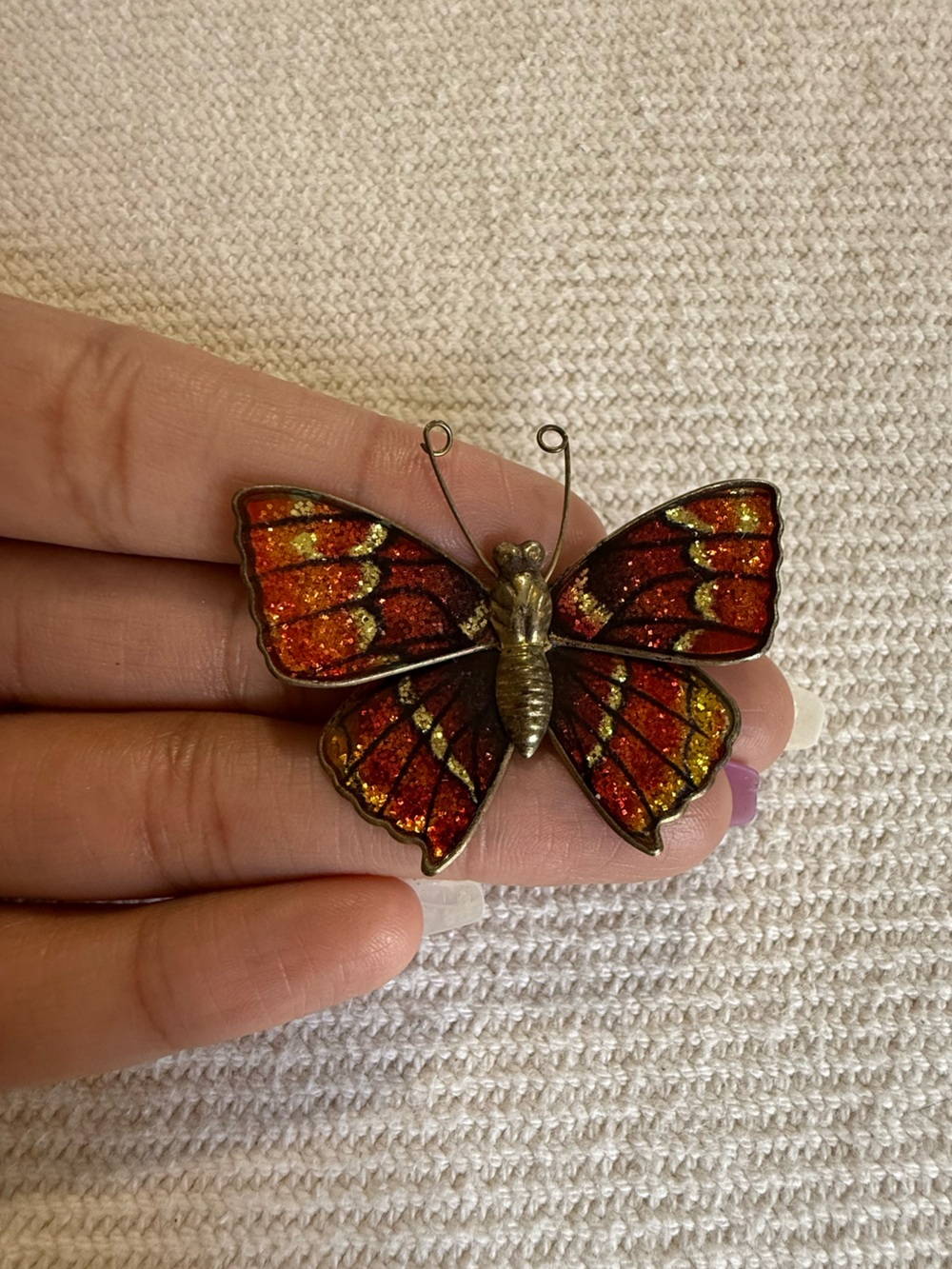 Vintage Butterfly Brooch Gold Tone Metal Red Brown Glitter Enamel